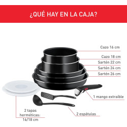 JUEGO DE 3 SARTENES 22/24/26 CM + 2 CAZOS 16/18 CM + MANGO EXTRAÍBLE + 4 ACCESORIOS L1599902